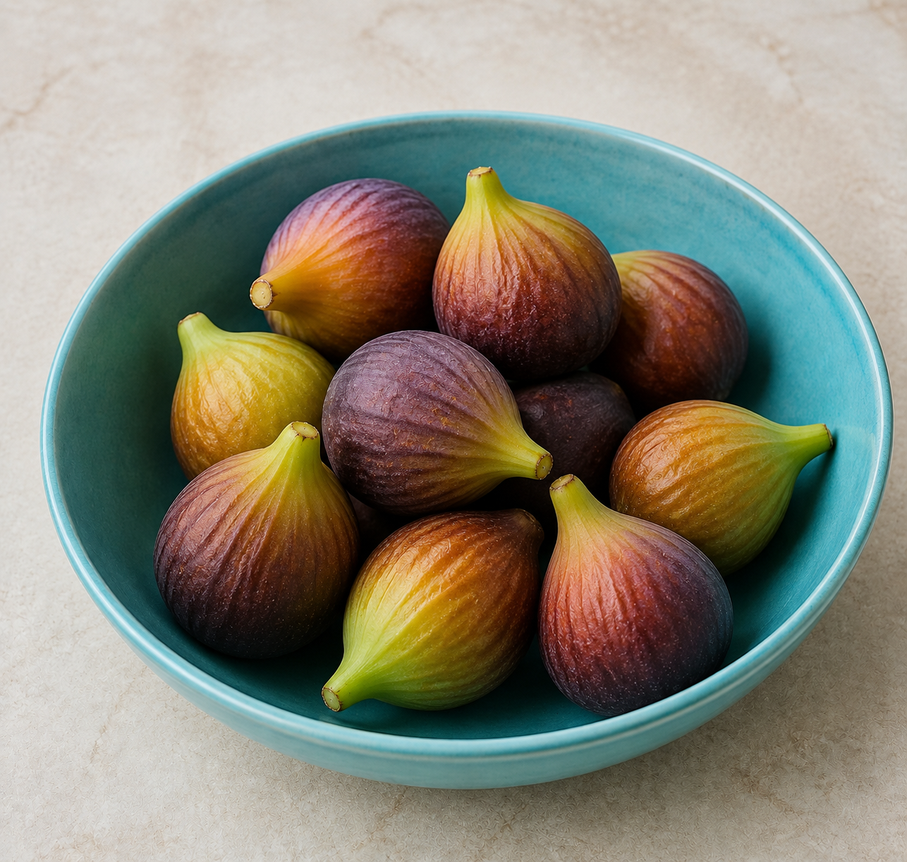 Ten green, gold and purple figs casually piled in a turquoise ceramic bowl